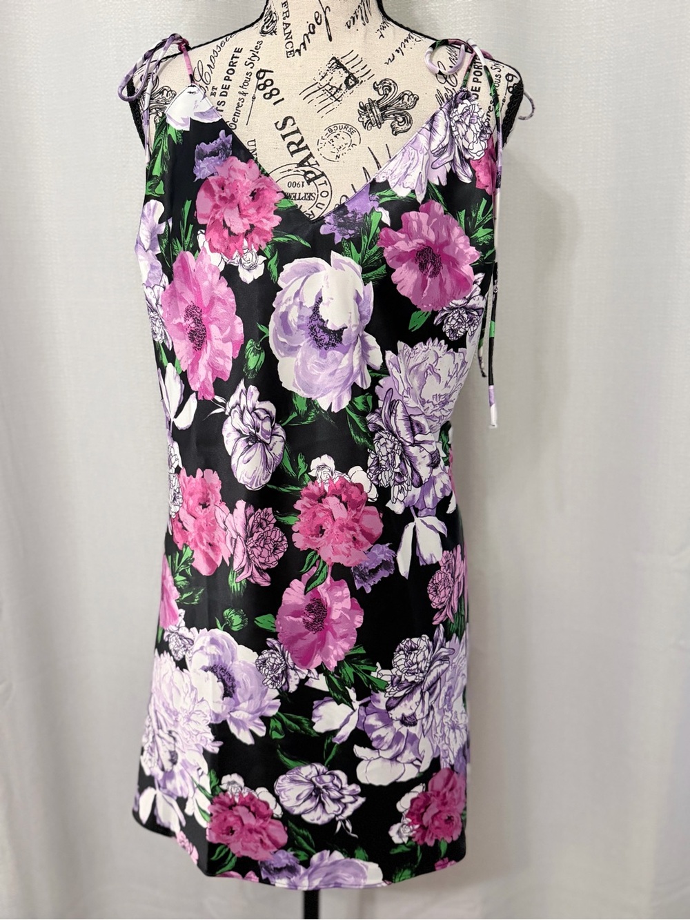Victorias Secret Floral Satin Slip Dress Black Pink Purple Tie Strap Mini L